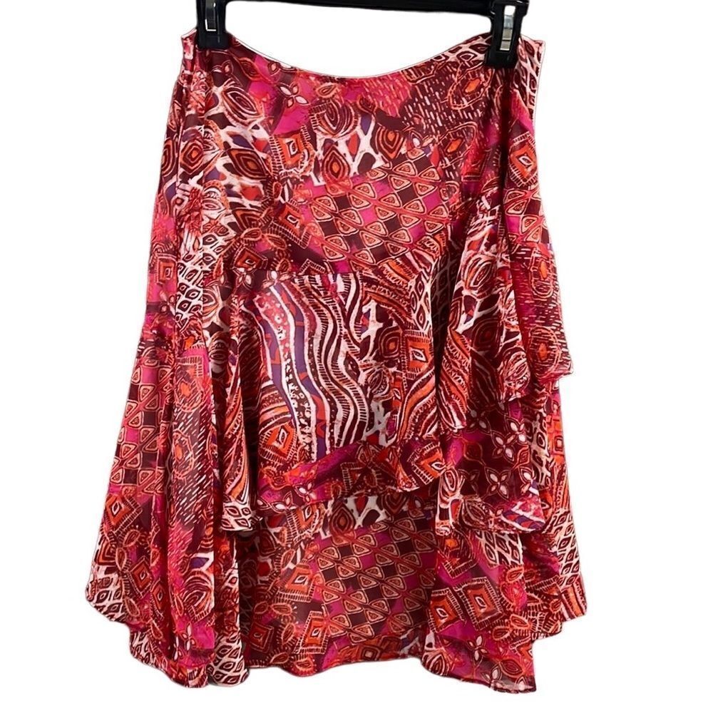 Nue Options Layered Asymmetrical Skirt, Size Small, MultiColor Reds,Pinks